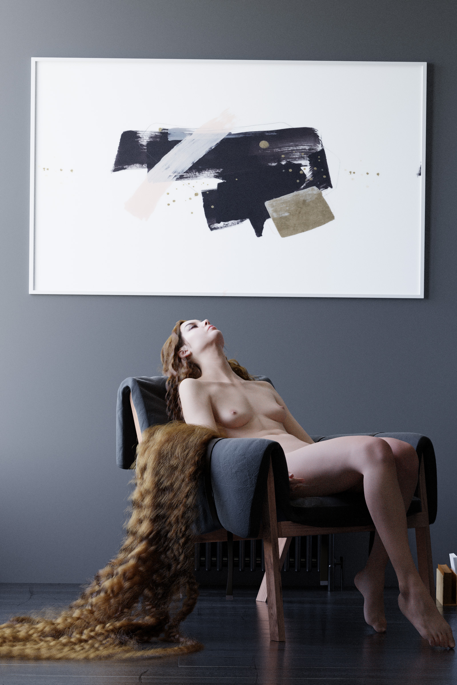 A woman with long flowing hair reclines on a chair in a minimalist room